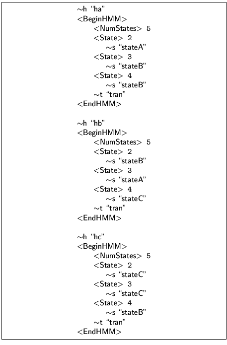 \framebox[100mm]{
\begin{minipage}{100mm}
\begin{program}\mbox{$\sim$\textsf{h...
...tsf{t \lq\lq tran''}} \\
\mbox{$<$\textsf{EndHMM}$>$}
\end{program} \end{minipage} }